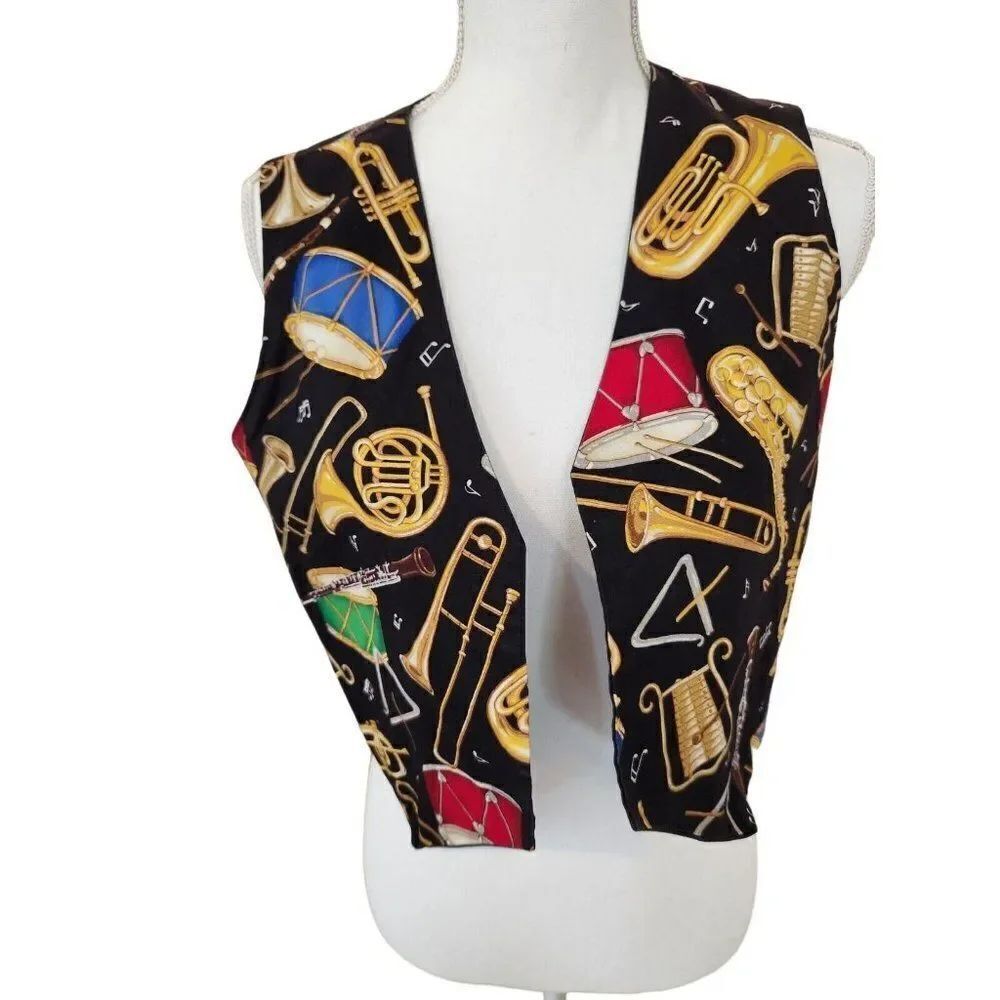 Vintage 90s Black Musical Instrument Crop Vest Top S Drums Horns Music Teacher